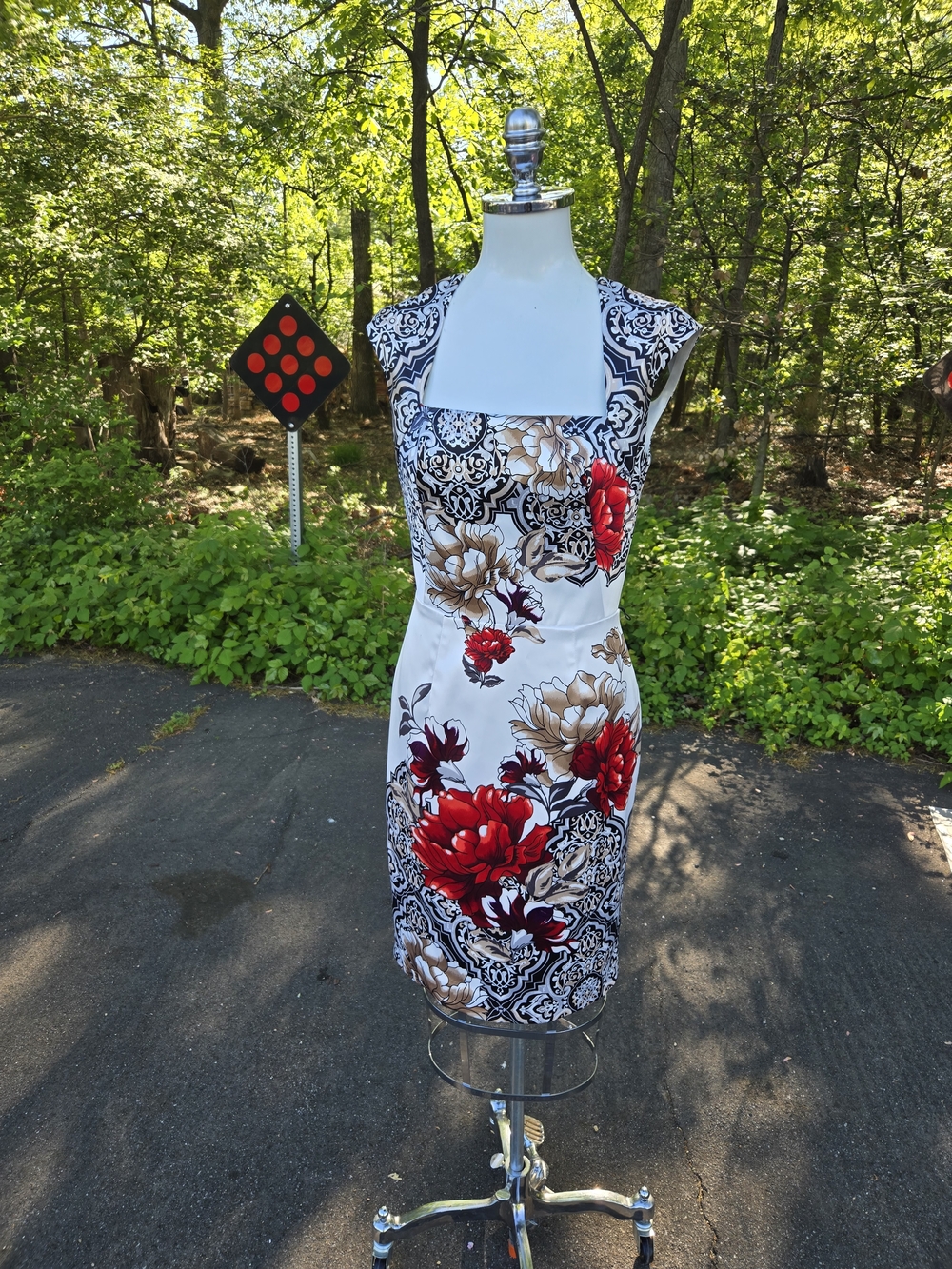 White House Black Market White Midi Dress with Red & Beige Floral Print